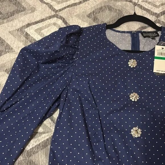 NWT DANIELLE BERNSTEIN Navy Long puff sleeves POLKA DOT DRESS Rhinestone buttons - Picture 2 of 10